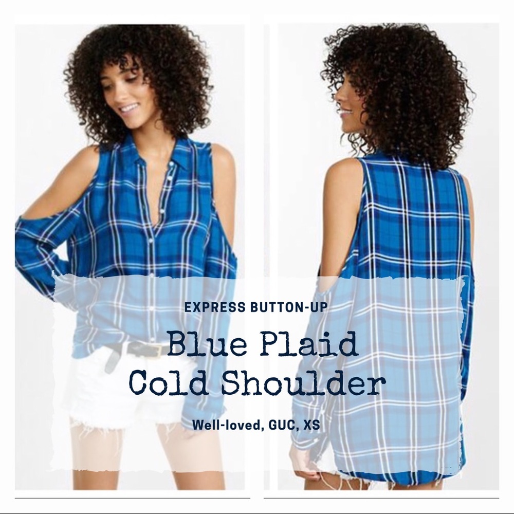 Express Cold Shoulder ButtonUp Top Cobalt Plaid